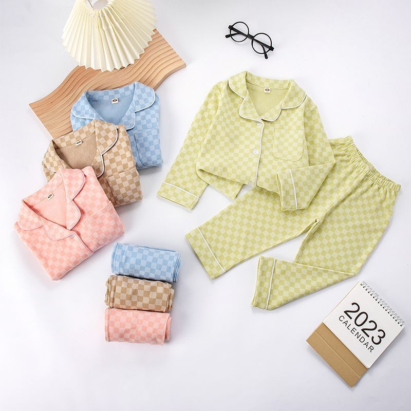 [225815-YELLOW] - Setelan Baju Tidur Piyama Kemeja Import Anak Cowok Cewek - Motif Chess Box