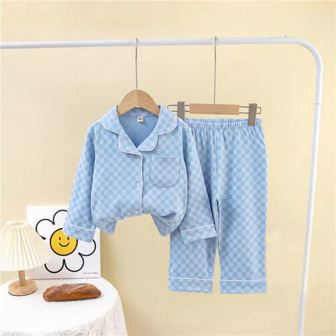 [225815-BLUE] - Setelan Baju Tidur Piyama Kemeja Anak Cowok Cewek - Motif Chess Box