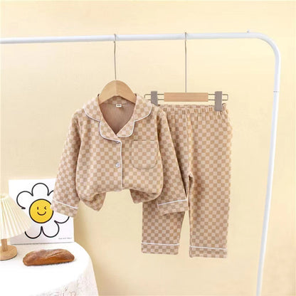 [225815-BROWN] - Setelan Baju Tidur Piyama Kemeja Import Anak Cowok Cewek - Motif Chess Box