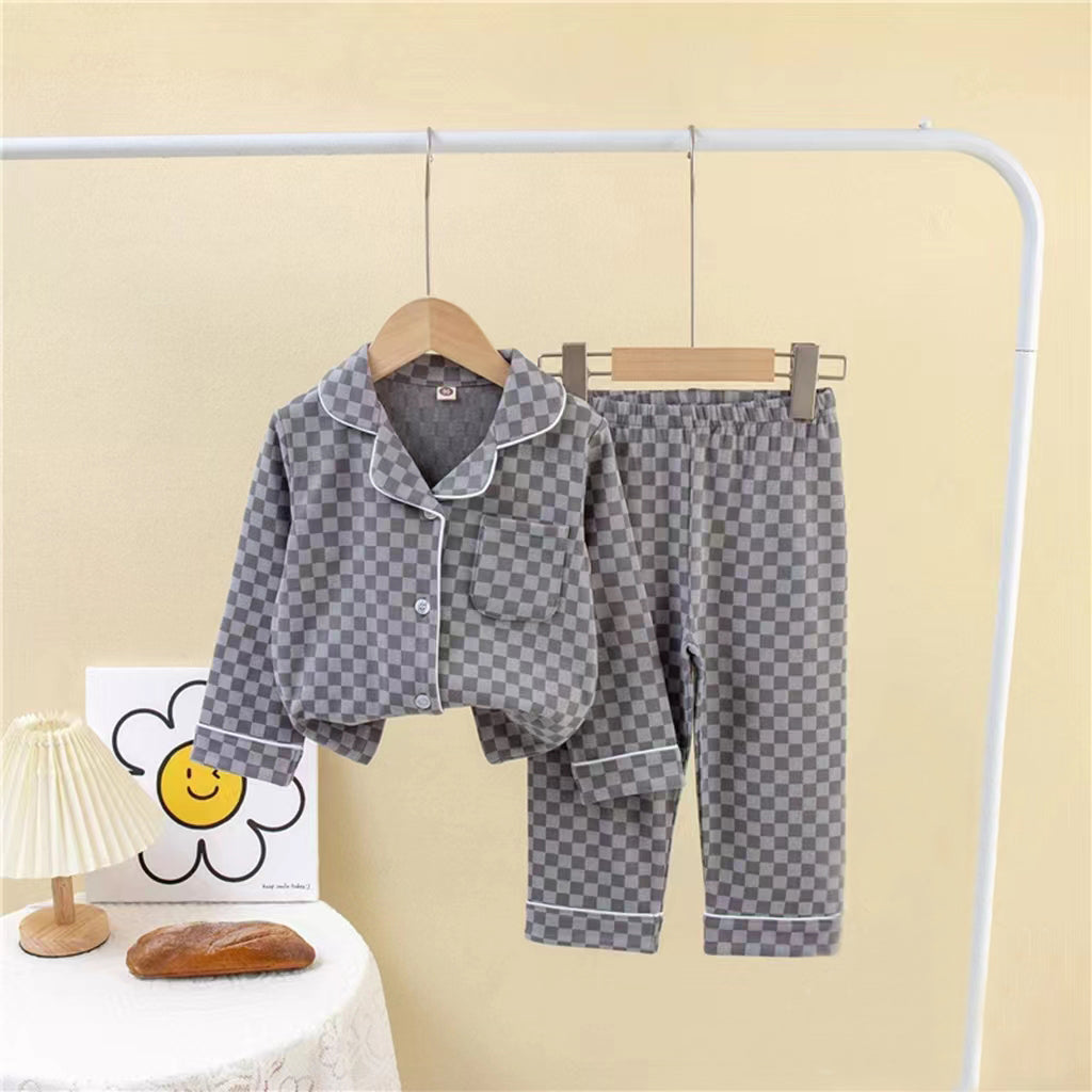 [225815-GRAY] - Setelan Baju Tidur Piyama Kemeja Anak Cowok Cewek - Motif Chess Box
