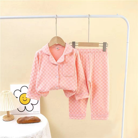 [225815-PINK] - Setelan Baju Tidur Piyama Kemeja Anak Cowok Cewek - Motif Chess Box