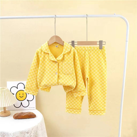 [225815-YELLOW] - Setelan Baju Tidur Piyama Kemeja Anak Cowok Cewek - Motif Chess Box
