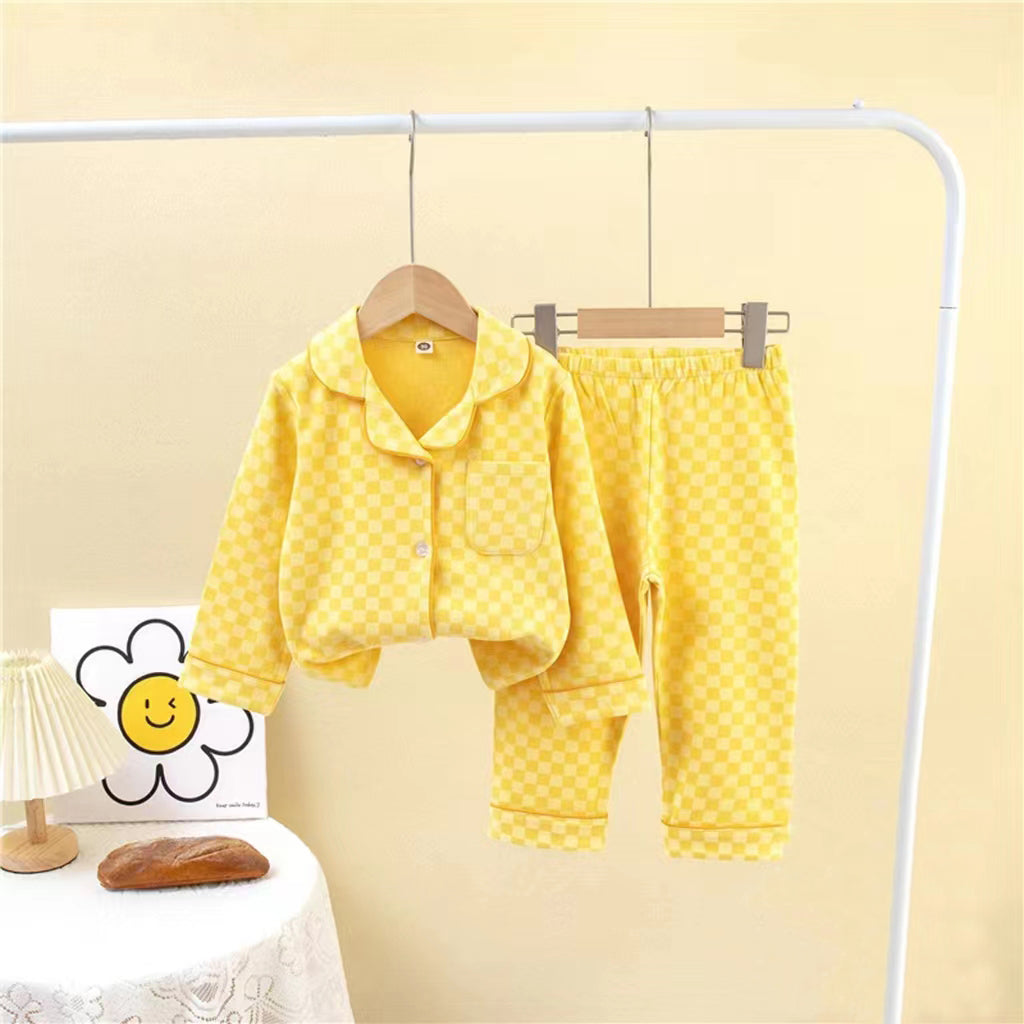 [225815-YELLOW] - Setelan Baju Tidur Piyama Kemeja Import Anak Cowok Cewek - Motif Chess Box