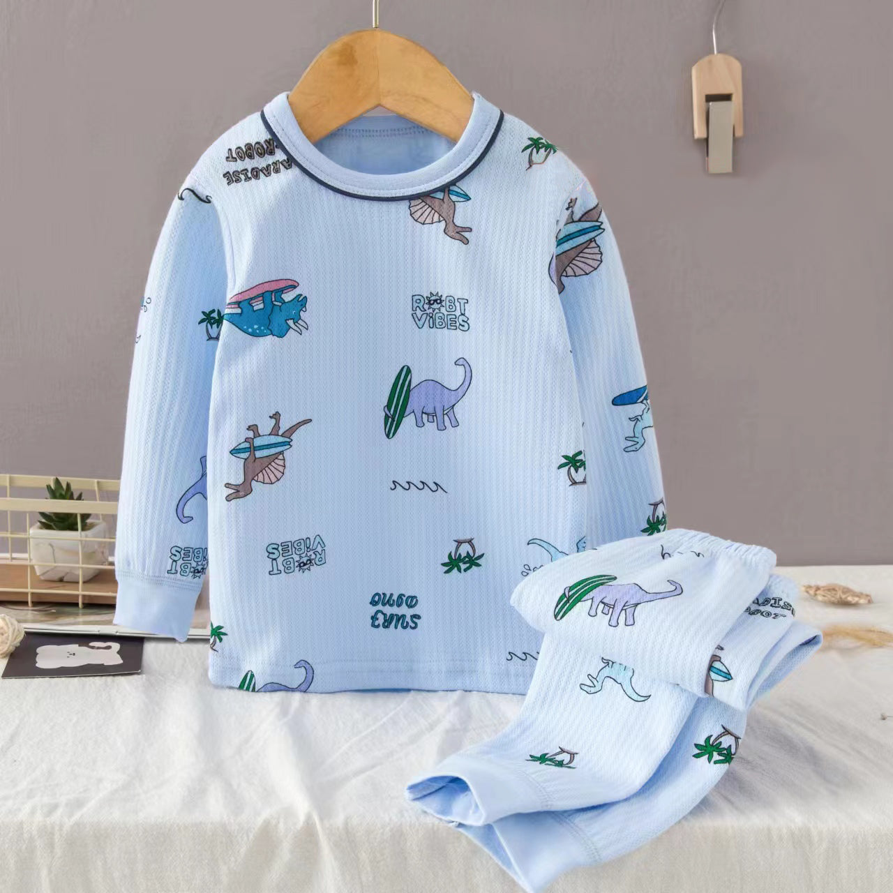 [225829] - Setelan Baju Tidur Piyama Import Anak Laki-Laki - Motif Dino Surf