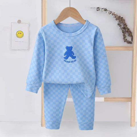 [225831-LIGHTBLUE] - Setelan Baju Tidur Piyama Anak Cowok Cewek - Motif Chess Bear