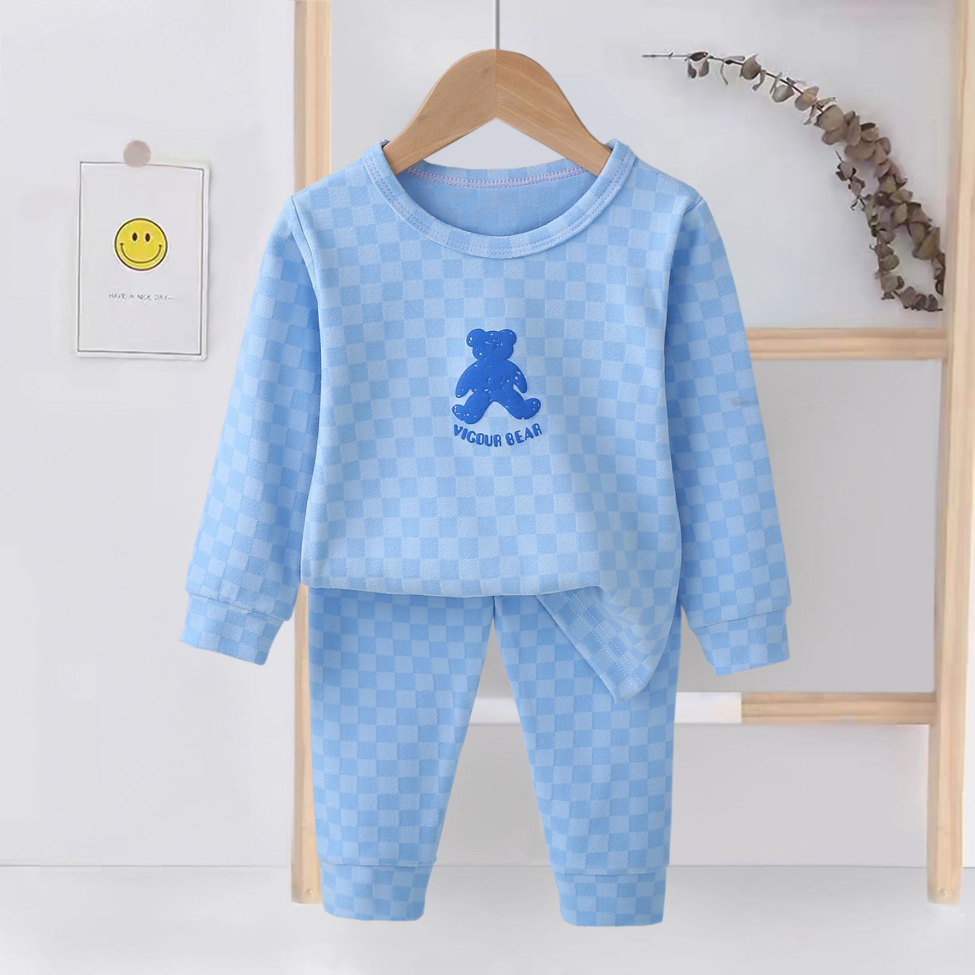 [225831-LIGHTBLUE] - Setelan Baju Tidur Piyama Anak Cowok Cewek - Motif Chess Bear