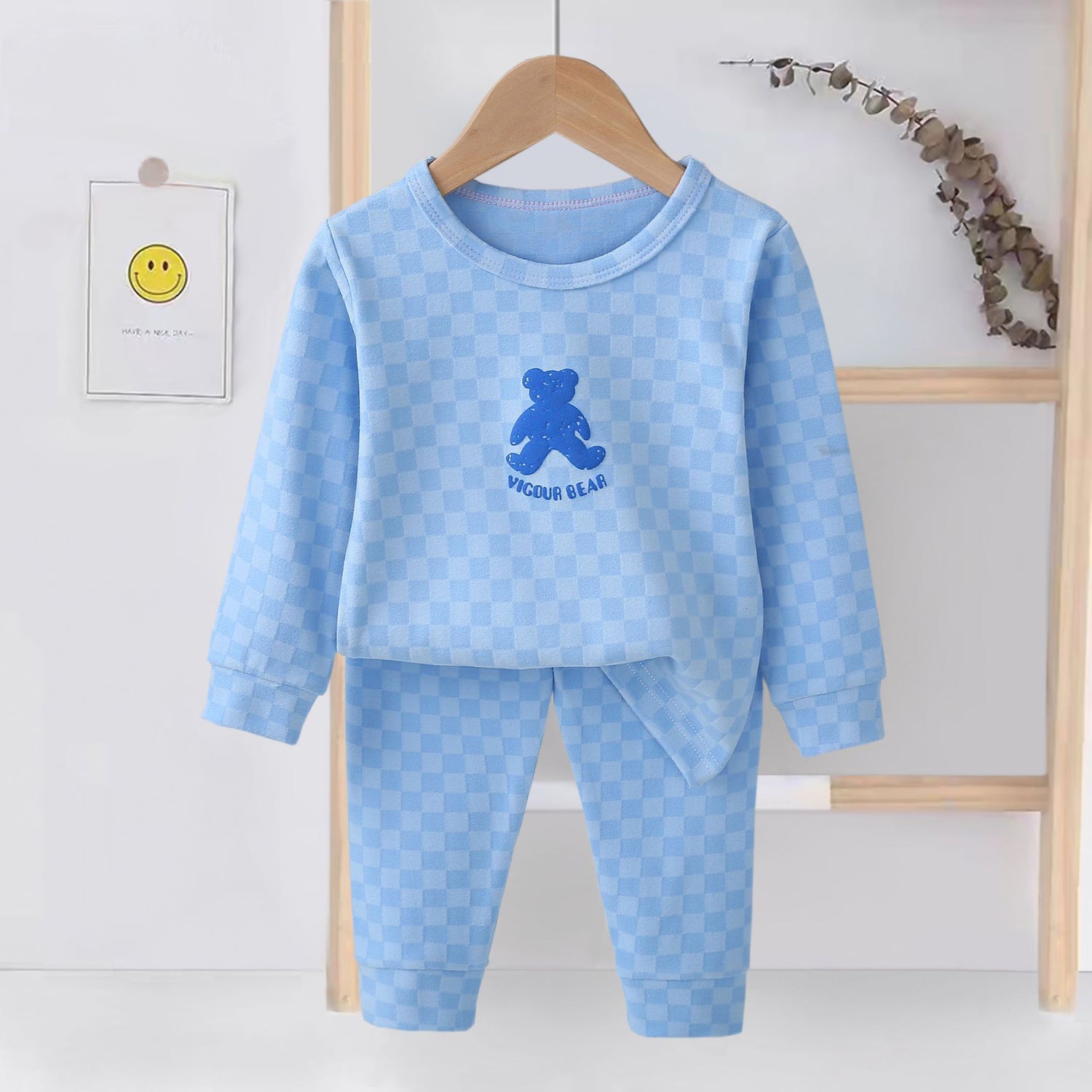 [225831-LIGHTBLUE] - Setelan Baju Tidur Piyama Import Anak Cowok Cewek - Motif Chess Bear