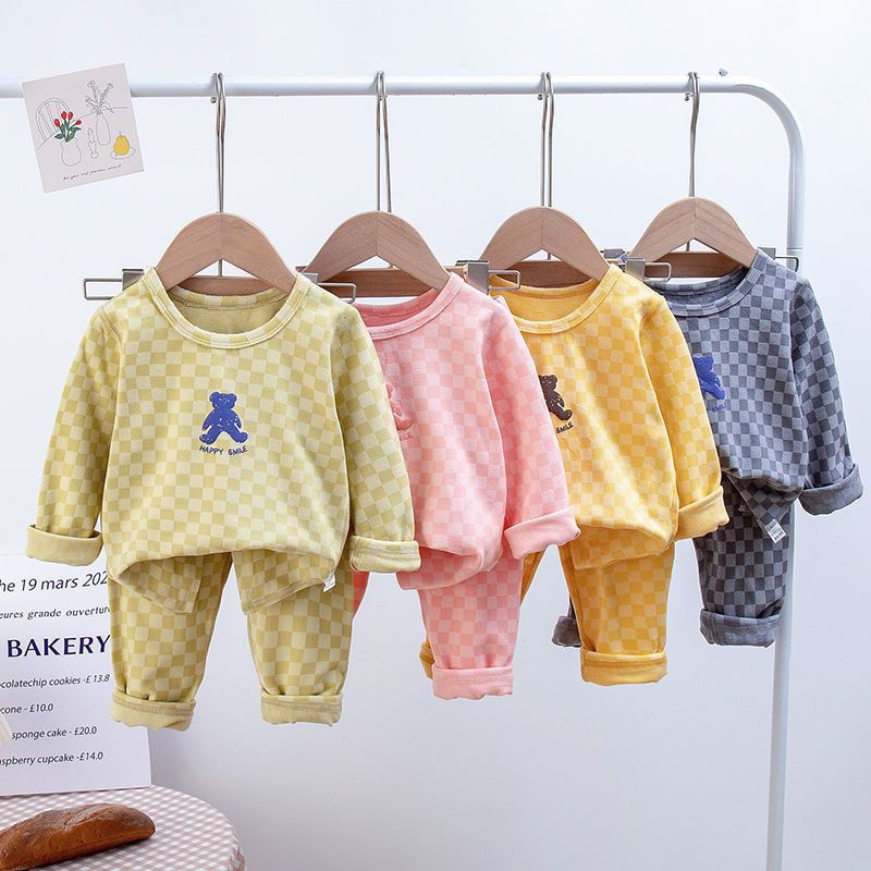 [225831-YELLOW] - Setelan Baju Tidur Piyama Import Anak Cowok Cewek - Motif Chess Bear