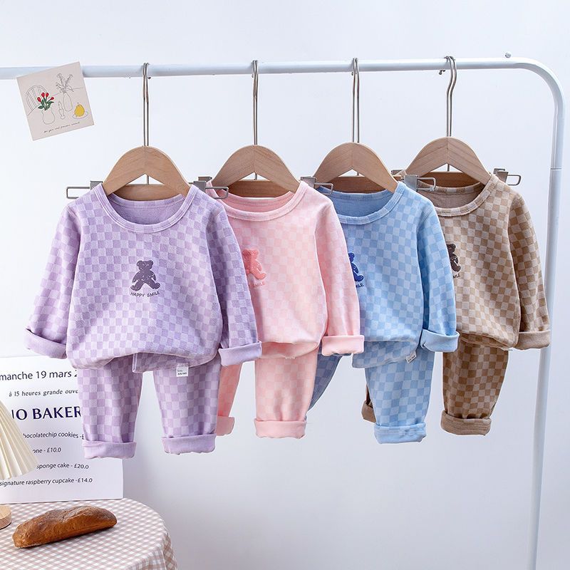 [225831-YELLOW] - Setelan Baju Tidur Piyama Anak Cowok Cewek - Motif Chess Bear