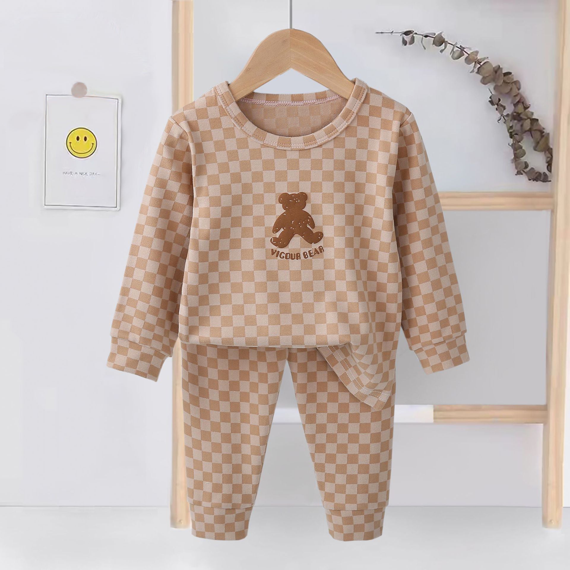 [225831-BROWN] - Setelan Baju Tidur Piyama Anak Cowok Cewek - Motif Chess Bear
