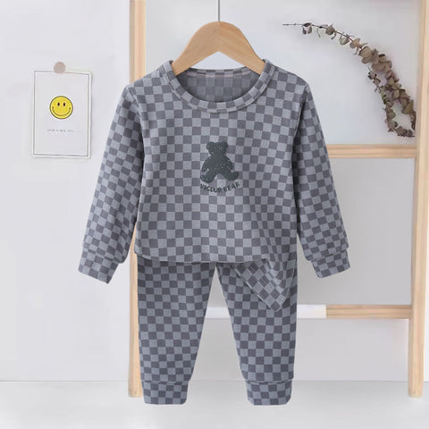 [225831-GRAY] - Setelan Baju Tidur Piyama Anak Cowok Cewek - Motif Chess Bear