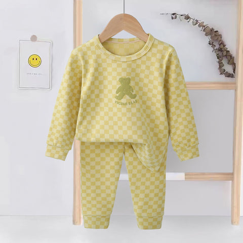 [225831-LIGHTGREEN] - Setelan Baju Tidur Piyama Anak Cowok Cewek - Motif Chess Bear