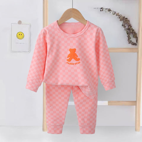 [225831-PINK] - Setelan Baju Tidur Piyama Anak Cowok Cewek - Motif Chess Bear