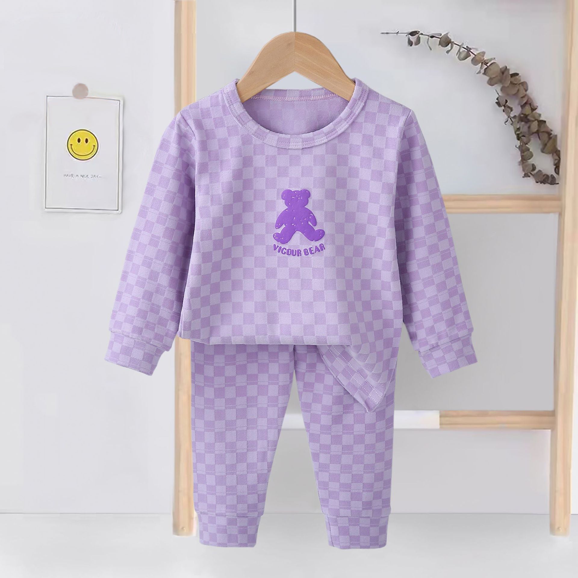 [225831-PURPLE] - Setelan Baju Tidur Piyama Anak Cowok Cewek - Motif Chess Bear