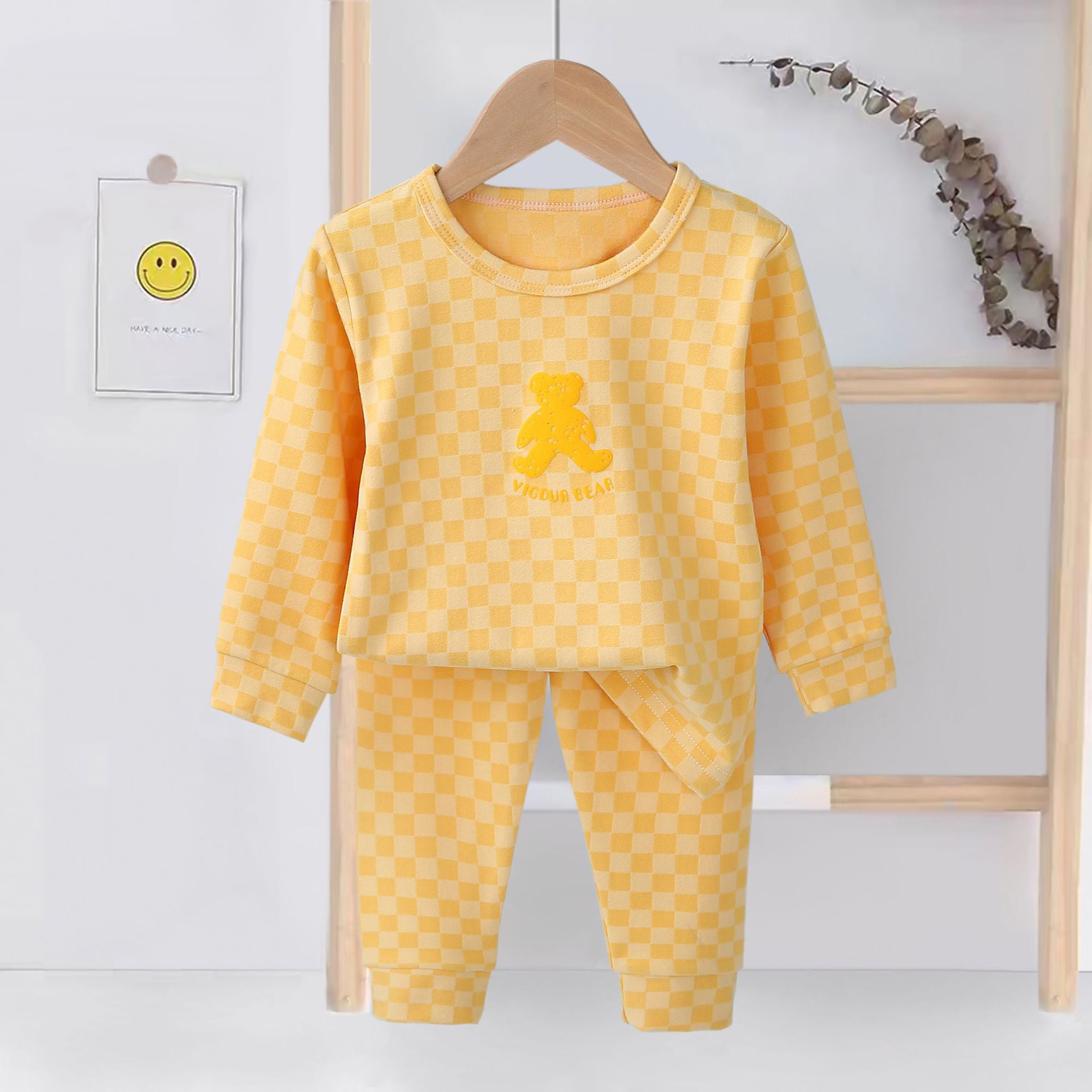 [225831-YELLOW] - Setelan Baju Tidur Piyama Anak Cowok Cewek - Motif Chess Bear