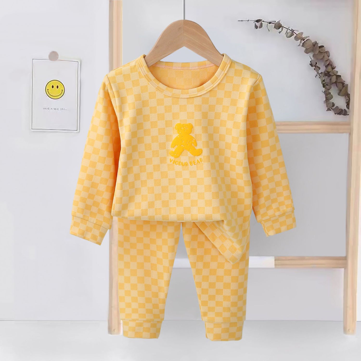 [225831-YELLOW] - Setelan Baju Tidur Piyama Import Anak Cowok Cewek - Motif Chess Bear