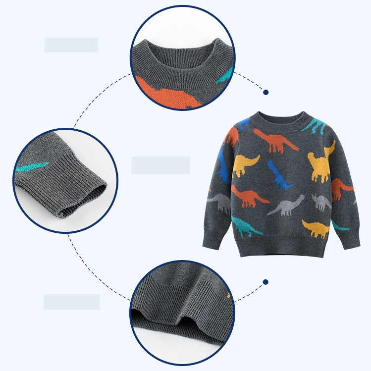 [121258-GRAY] - Atasan Sweater Rajut Anak Import - Motif Dinosaur Relief
