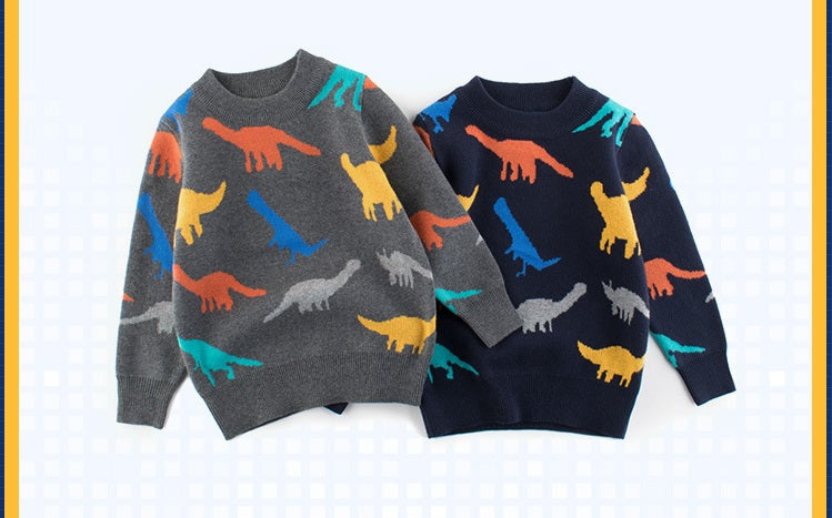 [121258-NAVY] - Atasan Sweater Rajut Anak - Motif Dinosaur Relief