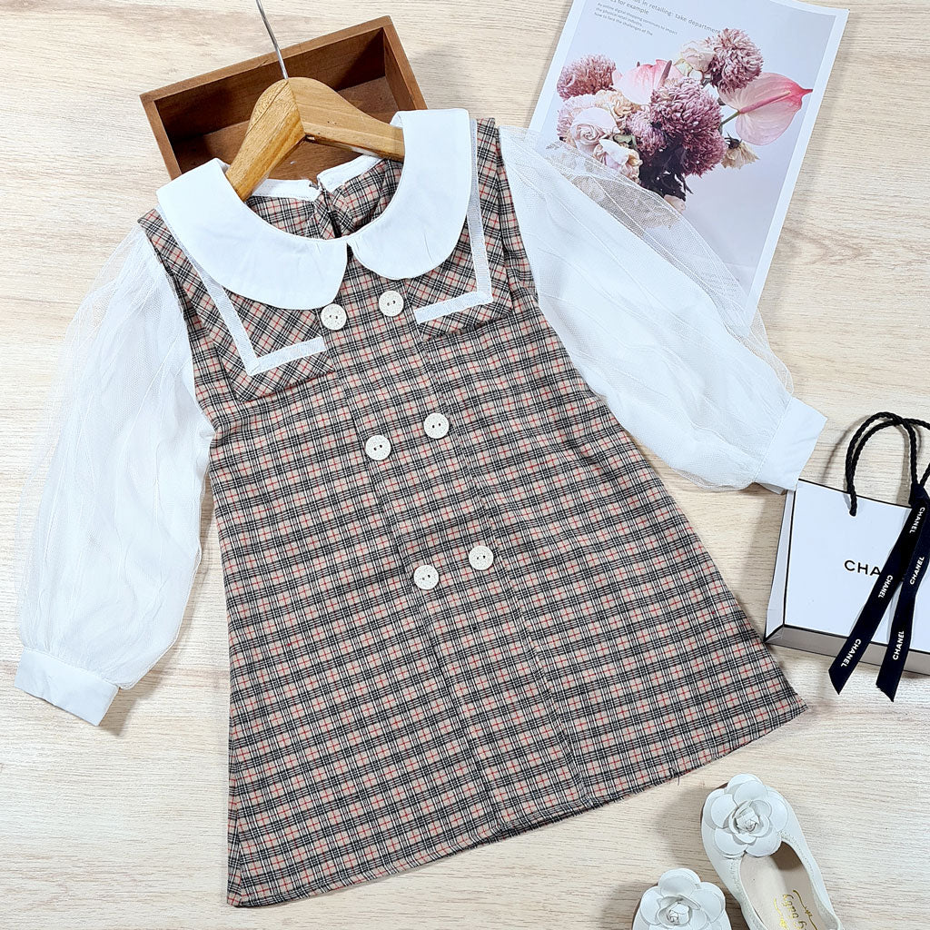 [507534] - Dress Fashion Anak Perempuan Import - Motif Button Tartan