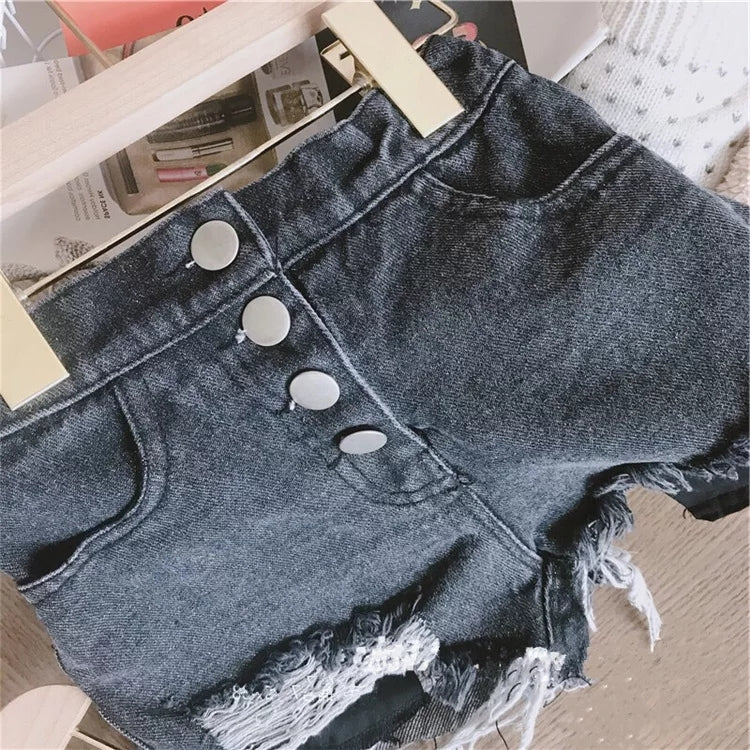 [508125-BLACK] - Celana Jeans Pendek Hot Pants Ribbed Sobek Denim Anak Perempuan Korea
