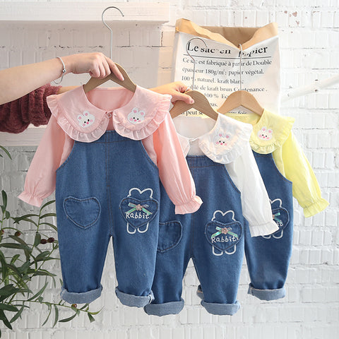 [340132] - Setelan Overall Blouse Fashion Anak Perempuan - Motif Rabbit Collar