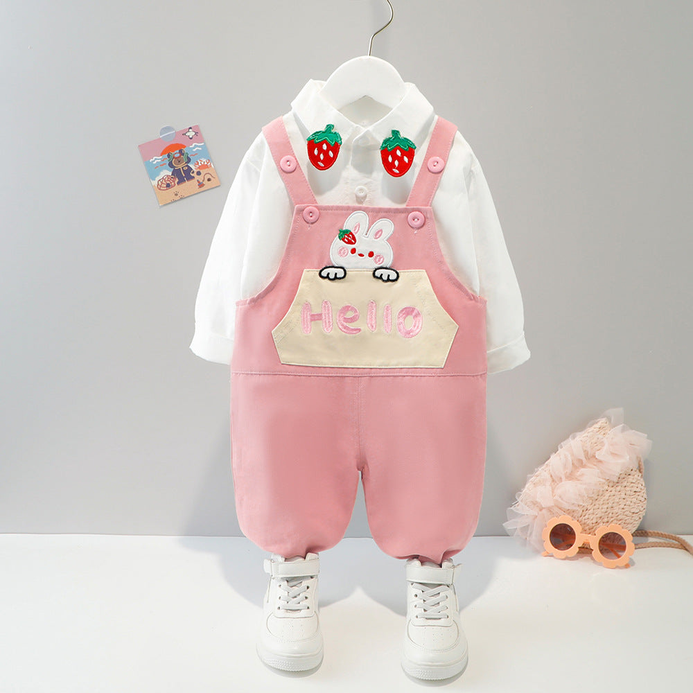 [340145] - Setelan Kemeja Overall Import Fashion Anak - Motif Hello Rabbit