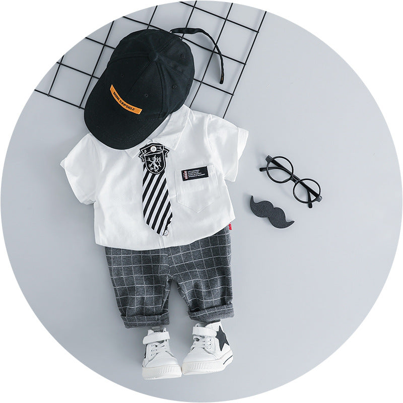 [340181] - Setelan Kemeja Pendek Model Formal Fashion Anak - Motif Plain Plaid