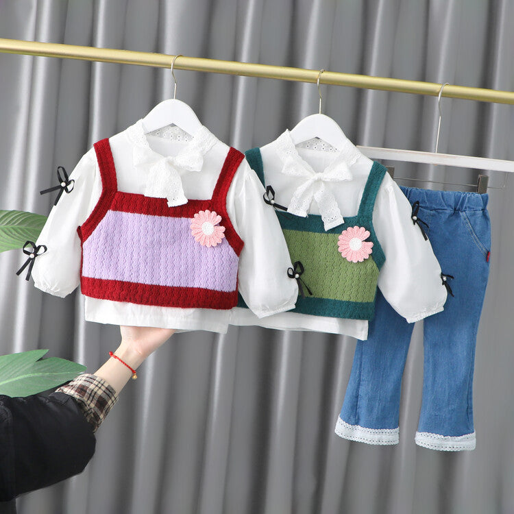 [340194] - Setelan Ootd 3 in 1 Anak Trendy Import - Motif Flower Vest
