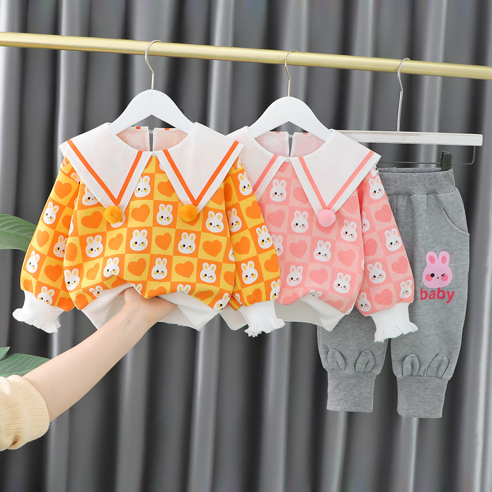 [340204] - Setelan 3D Sweater Pom Pom Celana Jogger Anak Perempuan - Motif Heart Rabbit