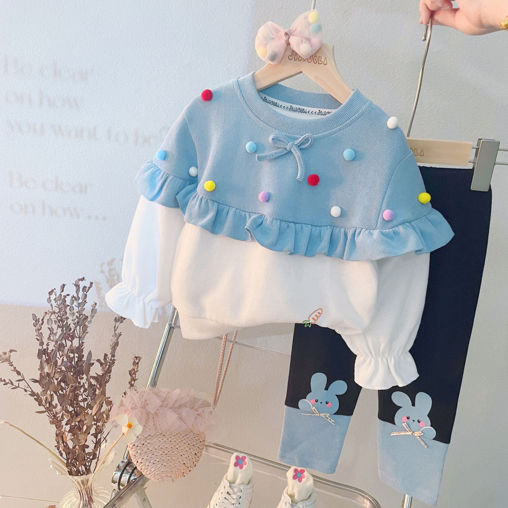 [340205] - Setelan Blouse Rajut Pom Pom Celana Legging Anak Perempuan  - Motif Freckless Ribbon