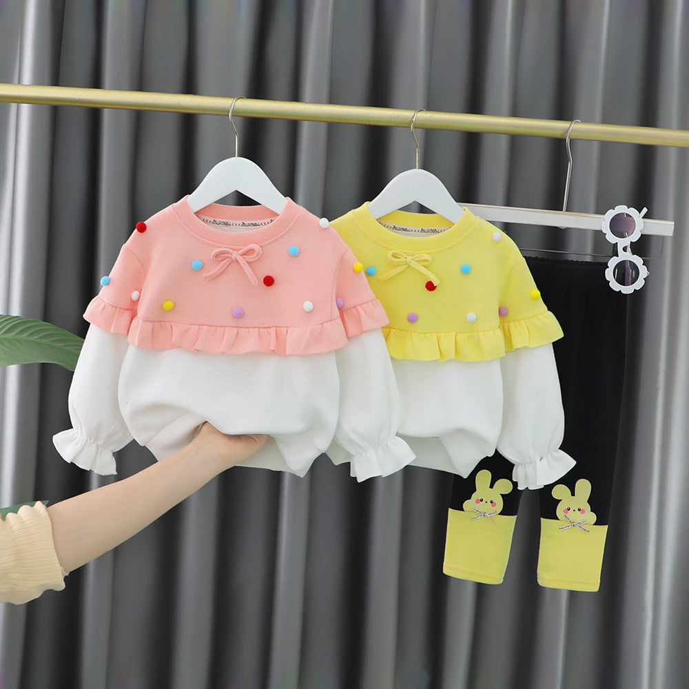 [340205] - Setelan Blouse Rajut Pom Pom Celana Legging Anak Perempuan  - Motif Freckless Ribbon