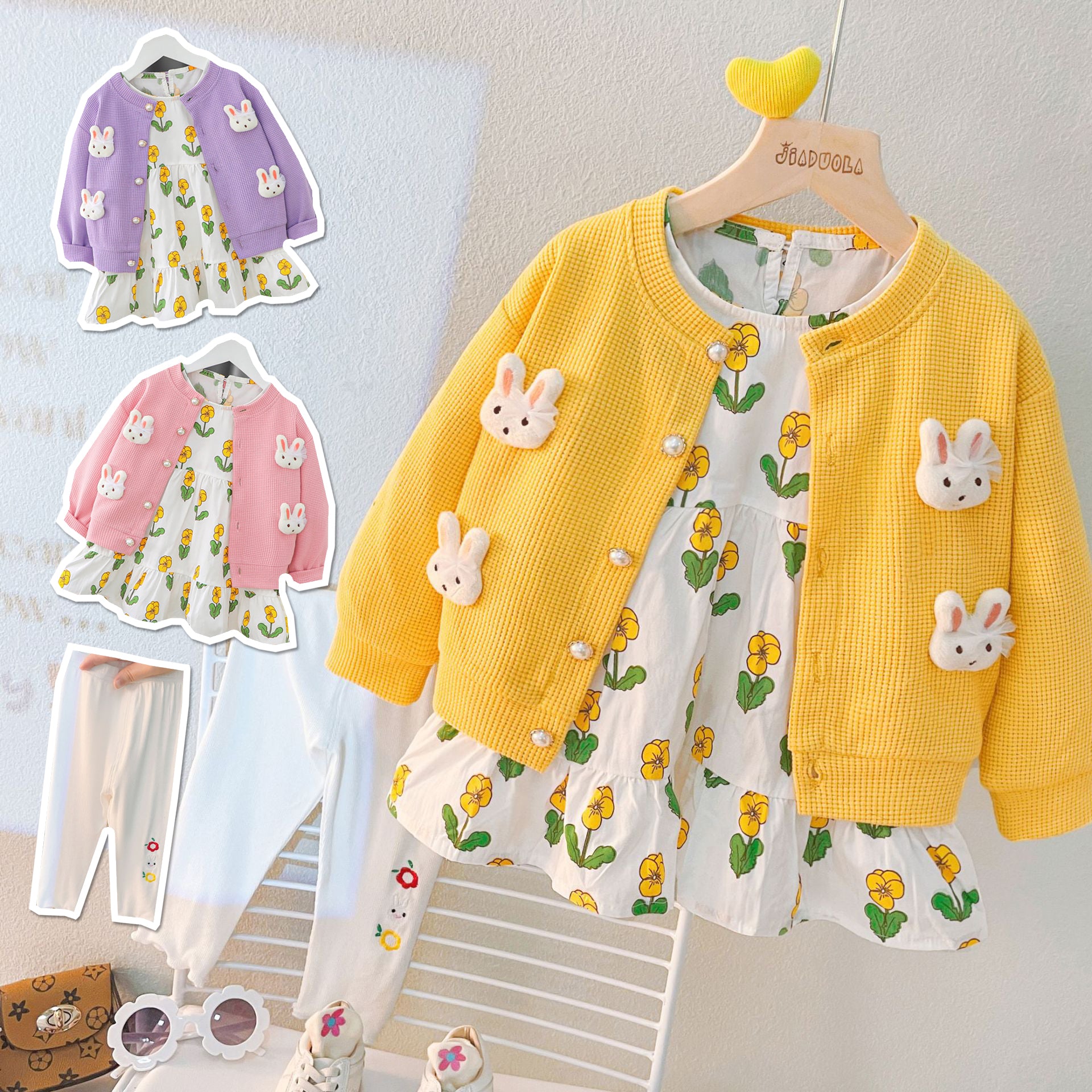 [340208] - Setelan 3 in 1 Blouse Jaket Cardigan Celana Legging Anak Perempuan - Motif Flower Rabbit