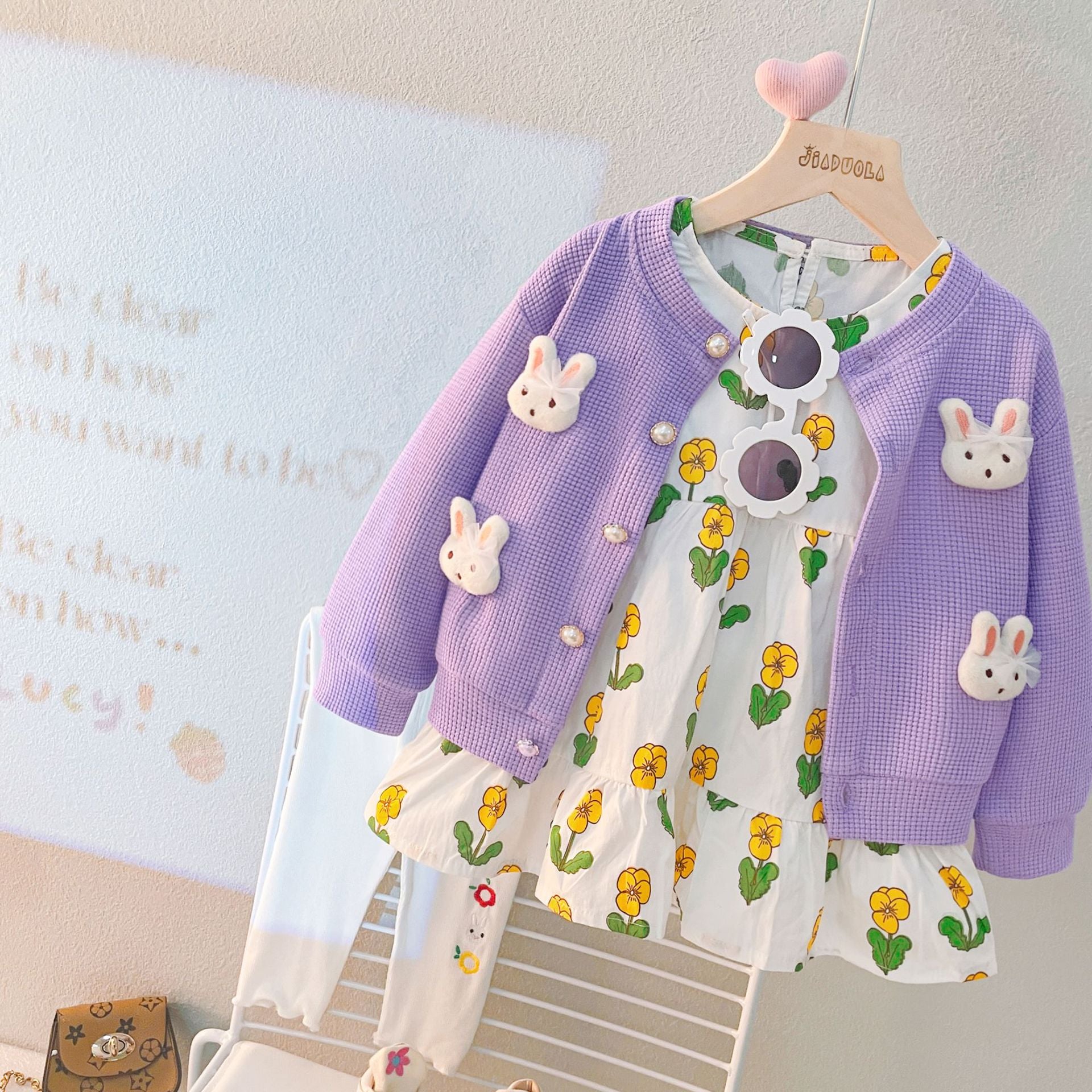 [340208] - Setelan 3 in 1 Blouse Jaket Cardigan Celana Legging Anak Perempuan - Motif Flower Rabbit