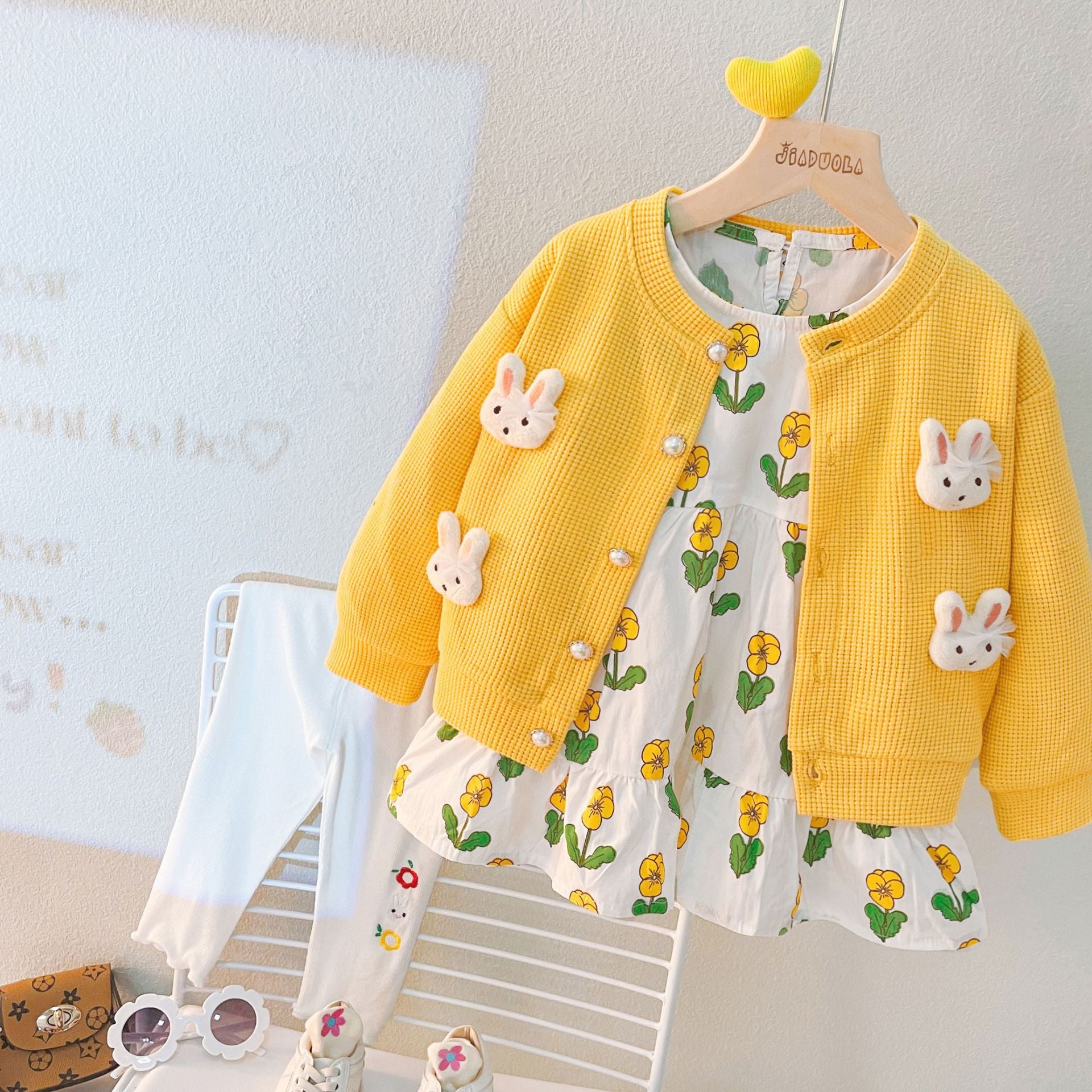 [340208] - Setelan 3 in 1 Blouse Jaket Cardigan Celana Legging Anak Perempuan - Motif Flower Rabbit