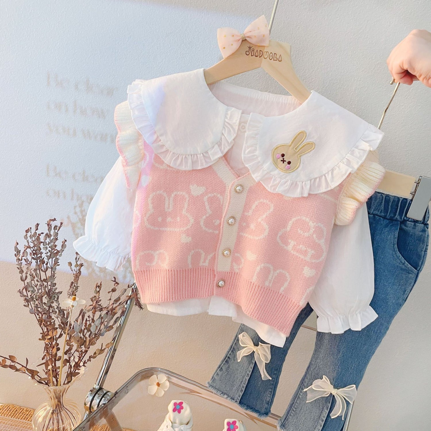 [340210] - Setelan 3 in 1 Blouse Rompi Rajut Celana Cutbray Anak Perempuan - Motif Cute Rabbit