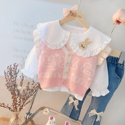 [340210] - Setelan 3 in 1 Blouse Rompi Rajut Celana Cutbray Anak Perempuan - Motif Cute Rabbit