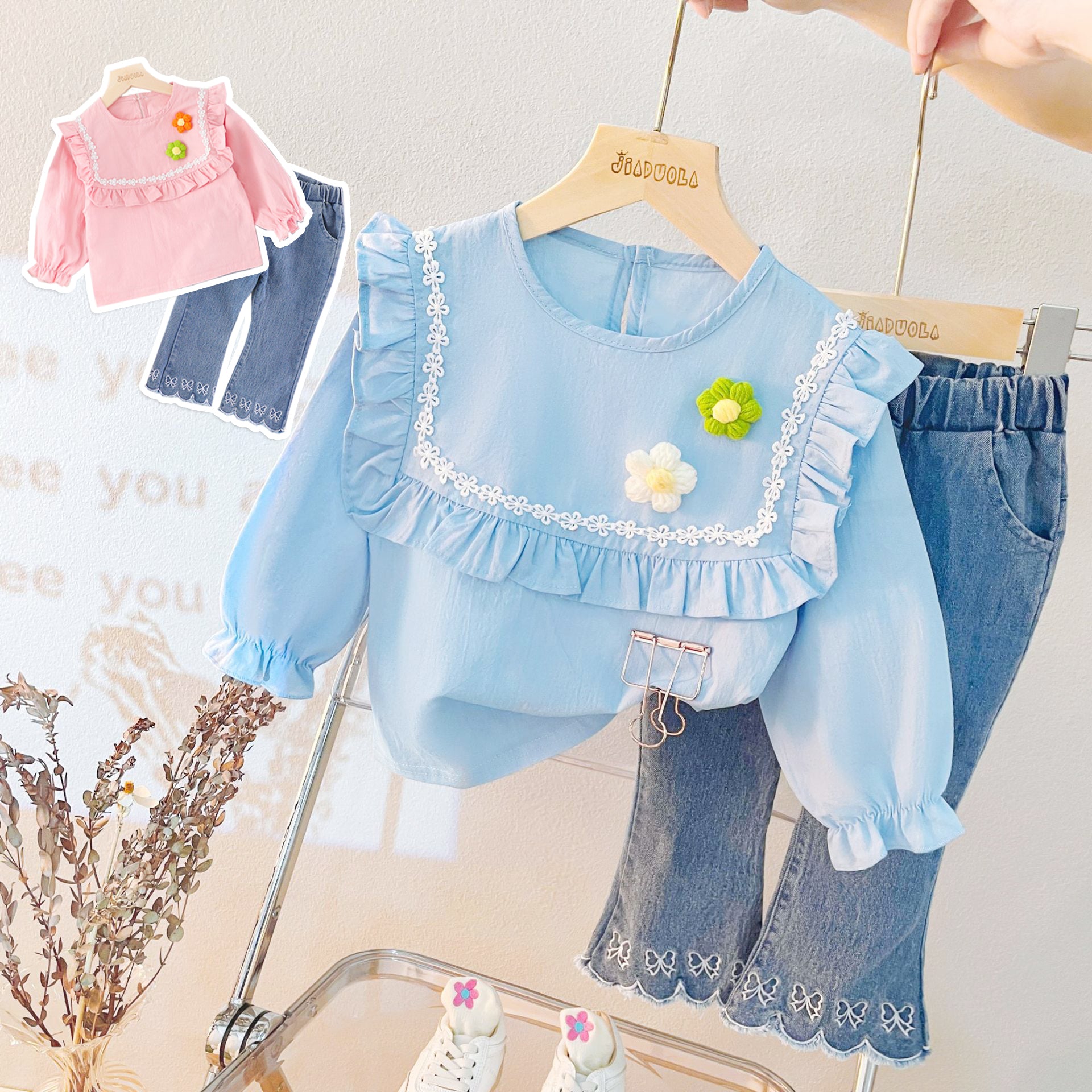 [340211] - Setelan 3D Blouse Renda Celana Cutbray Anak Perempuan - Motif Pretty Flower