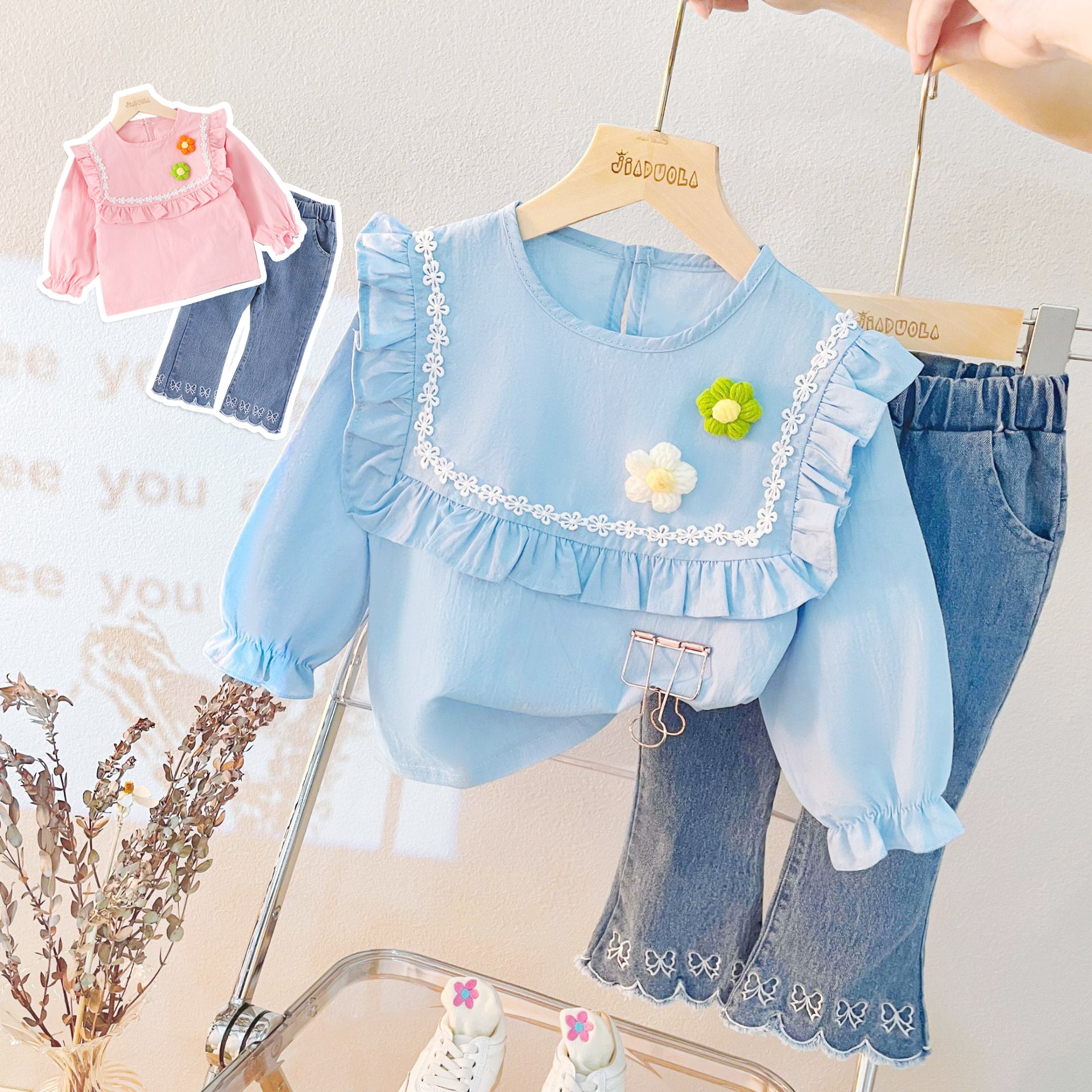 [340211] - Setelan 3D Blouse Renda Celana Cutbray Anak Perempuan - Motif Pretty Flower
