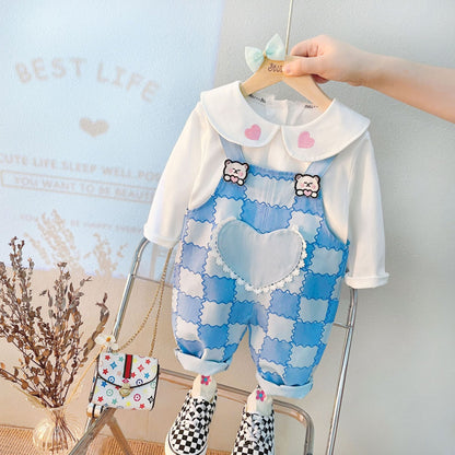 [340213] - Setelan Blouse Bordir Overall Kodok Anak Perempuan - Motif Love Rabbit