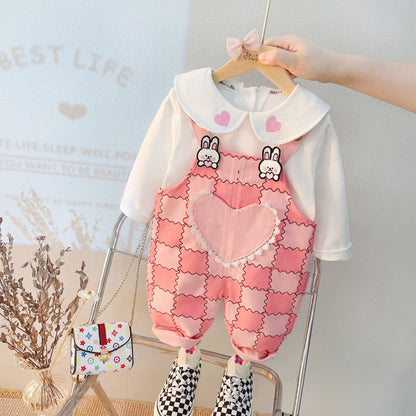 [340213] - Setelan Blouse Bordir Overall Kodok Anak Perempuan - Motif Love Rabbit