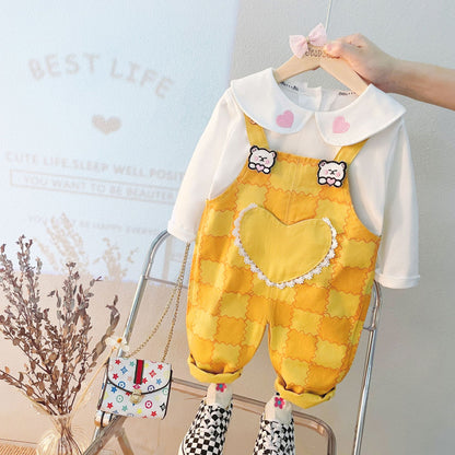 [340213] - Setelan Blouse Bordir Overall Kodok Anak Perempuan - Motif Love Rabbit