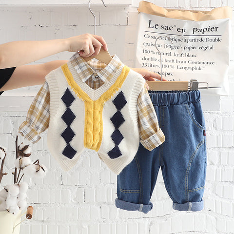 [340219] - Setelan 3 in 1 Kemeja Rompi Rajut Celana Panjang Jeans Anak Cowok - Motif Braid Geometry