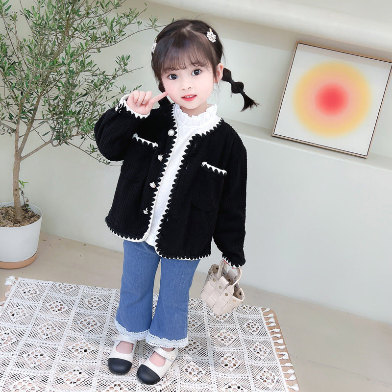 [340220] - Setelan 3 in 1 Jaket Cardigan Celana Panjang Jeans Anak Cewek - Motif Zigzag side