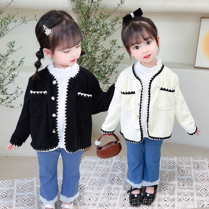 [340220] - Setelan 3 in 1 Jaket Cardigan Celana Panjang Jeans Anak Cewek - Motif Zigzag side