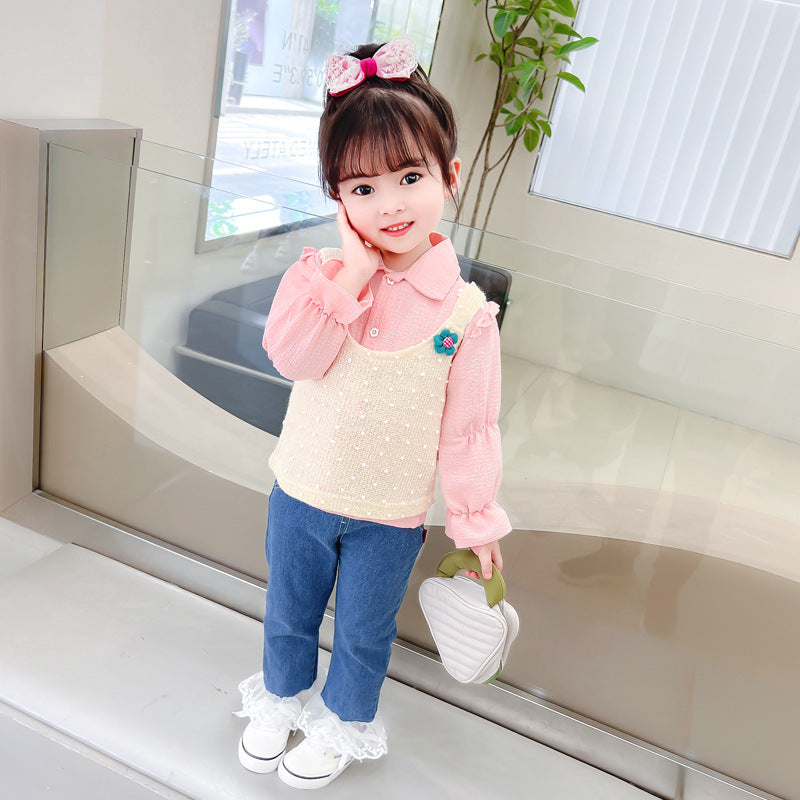 [340221] - Setelan 3 in 1 Blouse Rompi Celana Panjang Jeans Anak Perempuan - Motif Polka Flower