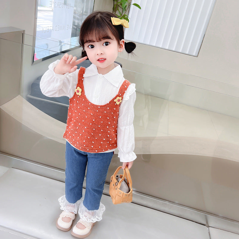 [340221] - Setelan 3 in 1 Blouse Rompi Celana Panjang Jeans Anak Perempuan - Motif Polka Flower