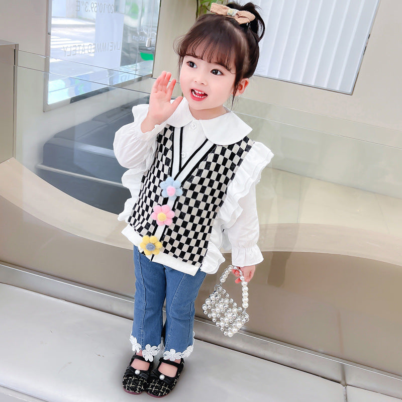 [340224] - Setelan 3 in 1 Blouse Rompi Rajut Celana Panjang Anak Perempuan - Motif Square Flower