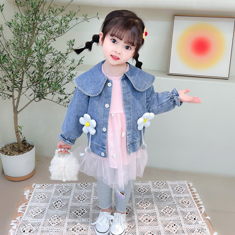 [340225] - 3D Setelan 3 in 1 Jaket Jeans Dress Celana Panjang Anak Perempuan - Motif Pretty Flower