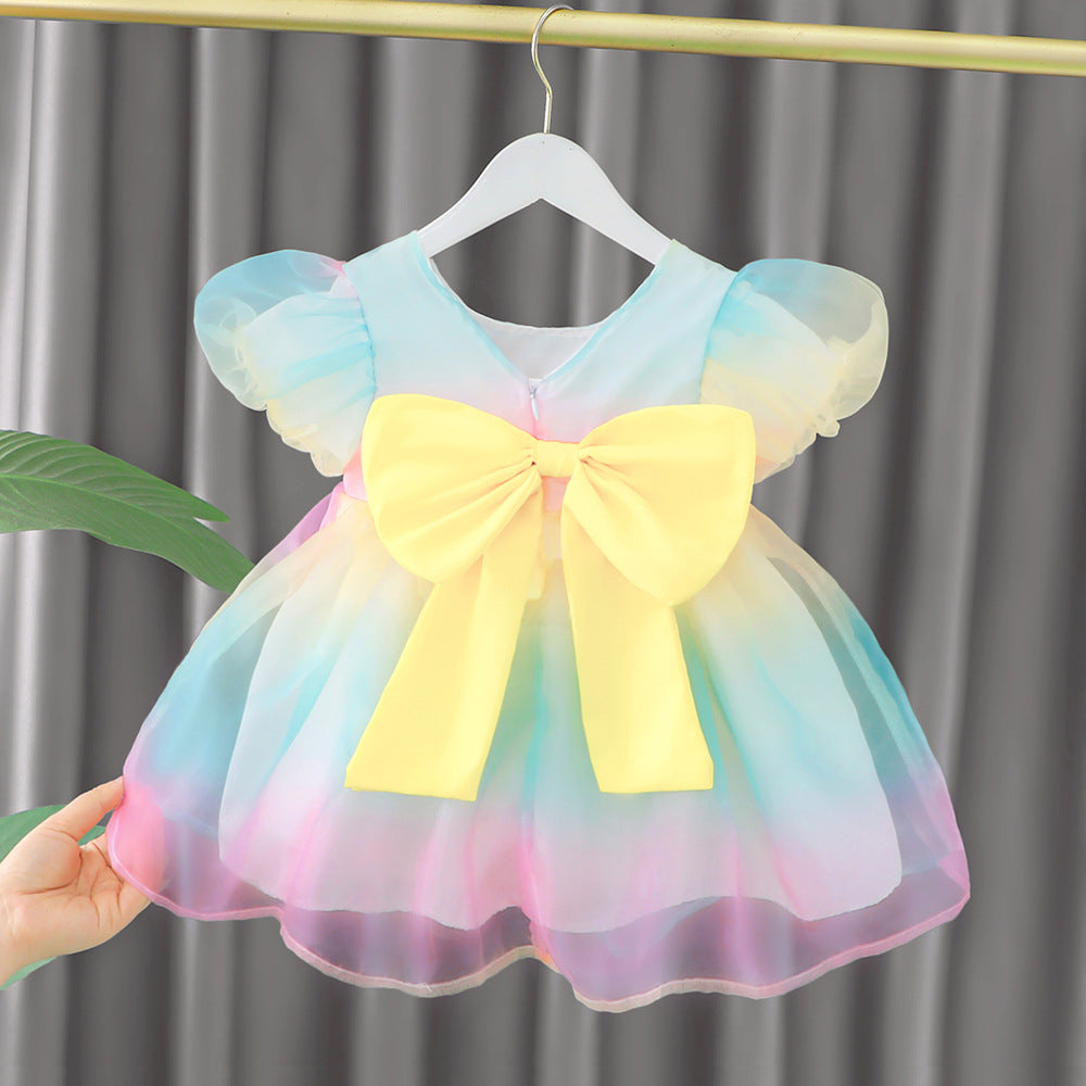 [340233] - Dress Pelangi Tutu Import Lengan Pendek Anak Perempuan - Motif Colorful Dew