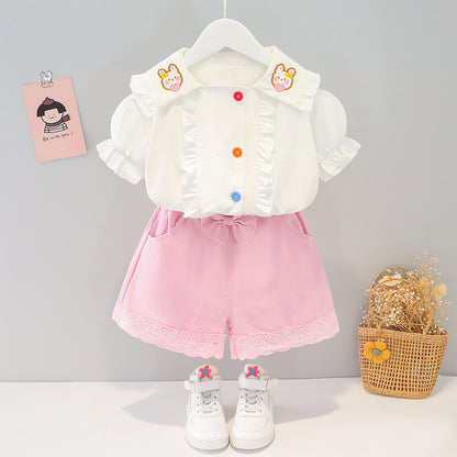 [340251] - Setelan Blouse Kancing Bordir Celana Pendek Anak Perempuan - Motif Fluffy Rabbit